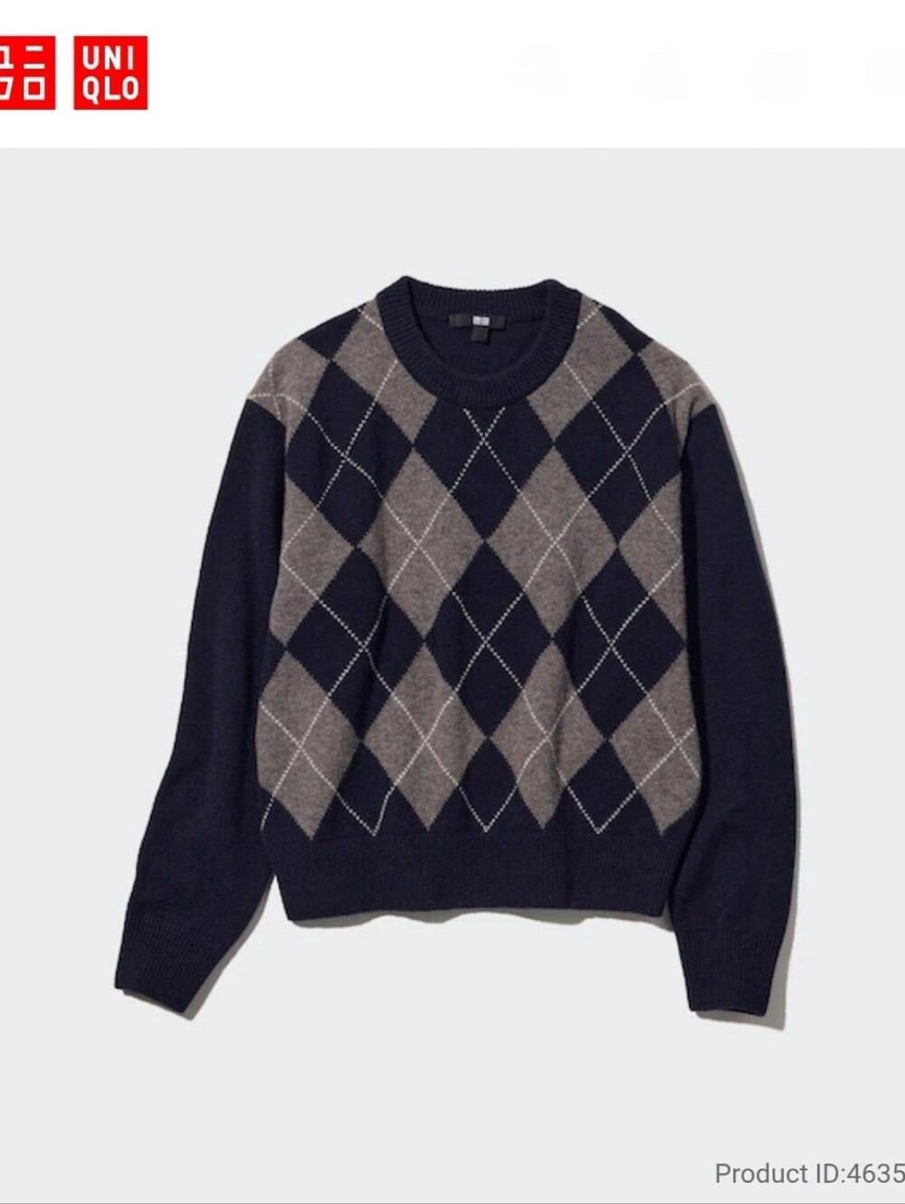RARE Argyle Uniqlo 100% Lambs Wool Pullover Sweater Crew Neck Women M Relaxed